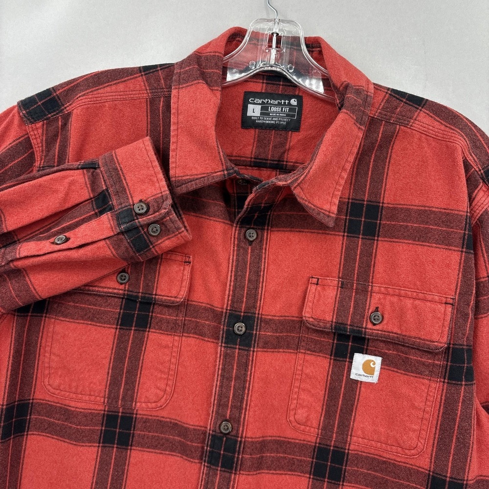 Carhartt Shirt Mens Large Red Black Plaid Flannel Button Up Loose Work Overshirt